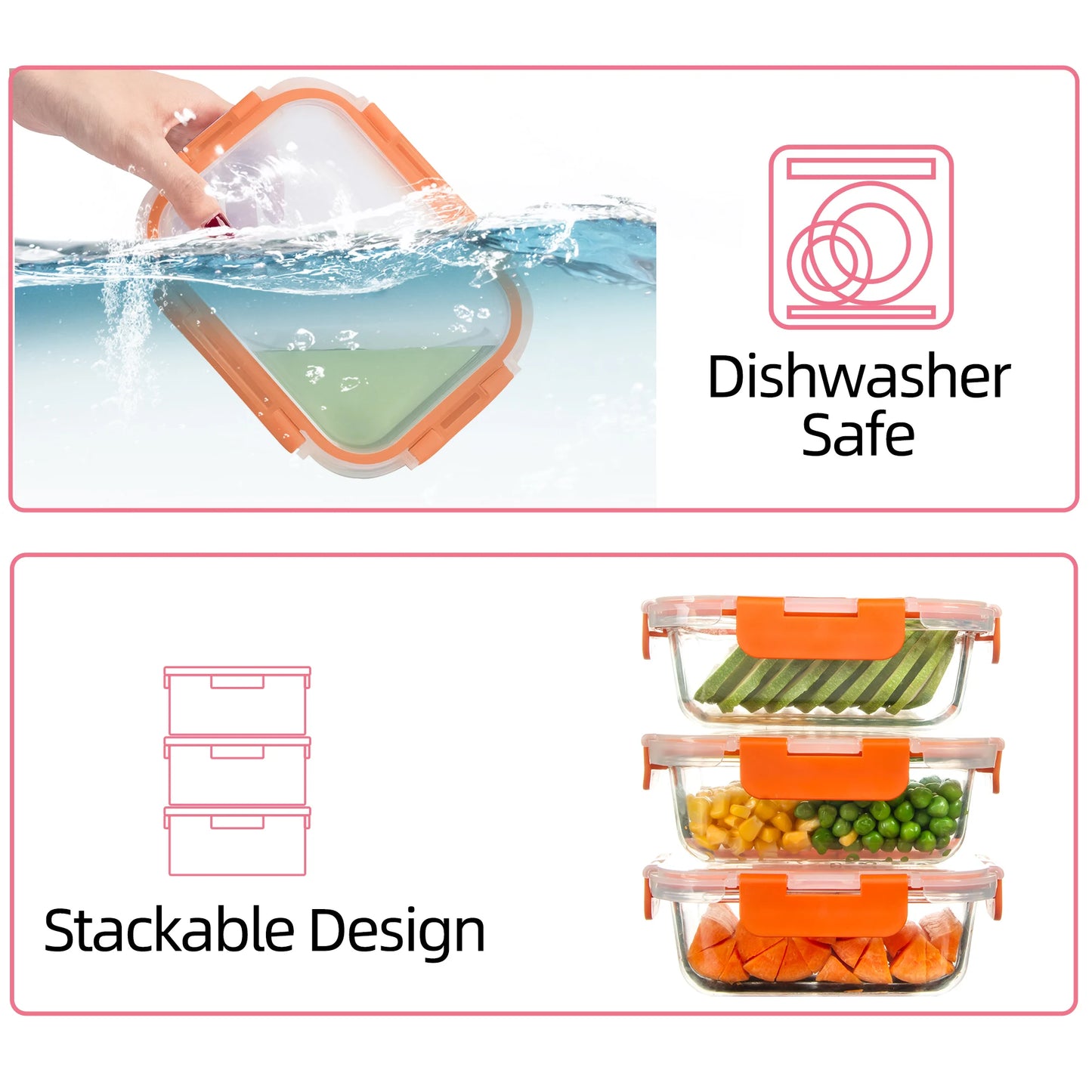 10 Pack Orange Food Storage Container Set, Glass Meal Prep Containers with Lids, Microwave, Freezer and Dishwasher