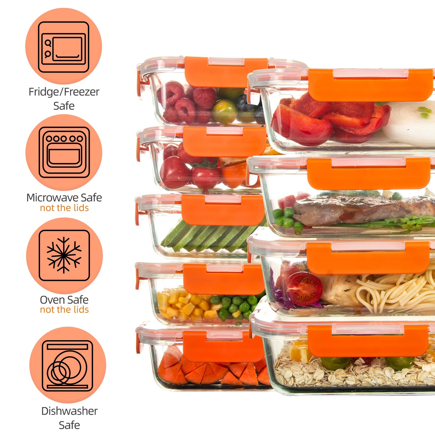 10 Pack Orange Food Storage Container Set, Glass Meal Prep Containers with Lids, Microwave, Freezer and Dishwasher
