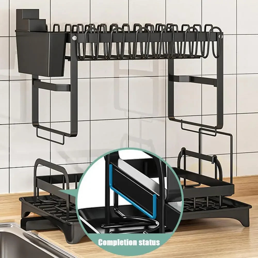2 Tiers Household Tableware Drain Rack Rust-Proof Carbon Steel Dish Drainer Dish Organizer Rack Kitchen Organizer Tool Rack