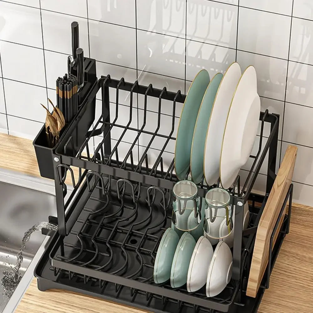 2 Tiers Household Tableware Drain Rack Rust-Proof Carbon Steel Dish Drainer Dish Organizer Rack Kitchen Organizer Tool Rack