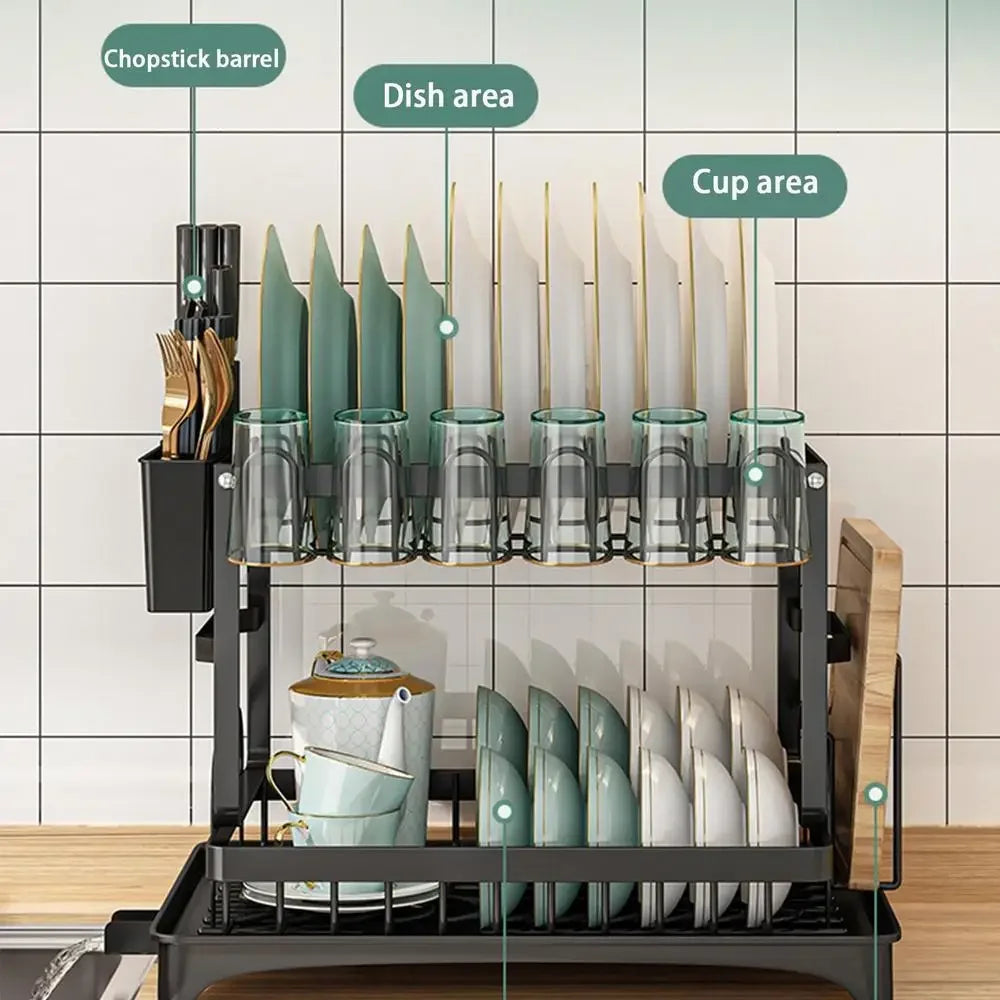 2 Tiers Household Tableware Drain Rack Rust-Proof Carbon Steel Dish Drainer Dish Organizer Rack Kitchen Organizer Tool Rack