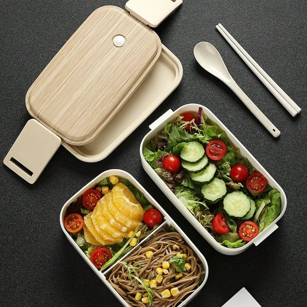 "Portable Double-Layer Lunch Box - Wooden-Print, with Chopsticks & Spoon"