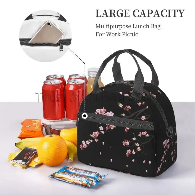 "Japanese Sakura Insulated Lunch Bag - Reusable Thermal Cooler for Work Picnic"