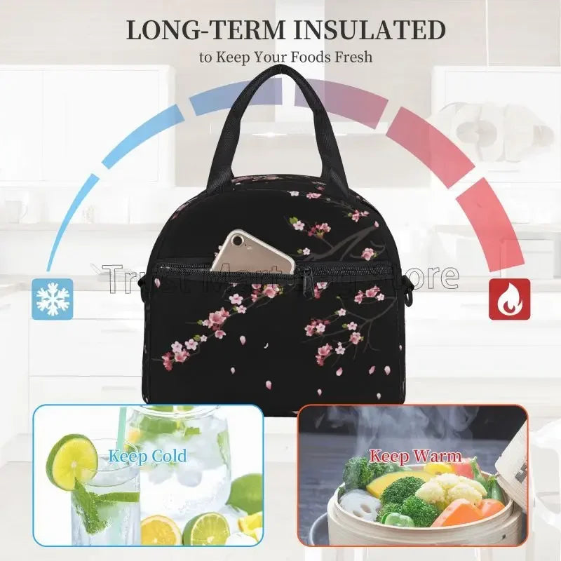 "Japanese Sakura Insulated Lunch Bag - Reusable Thermal Cooler for Work Picnic"