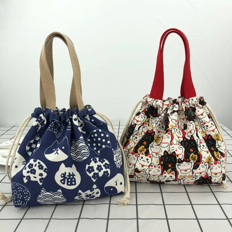 "Cute Japanese Bento Tote Bag - Foldable Canvas Lunch Bag for Two"