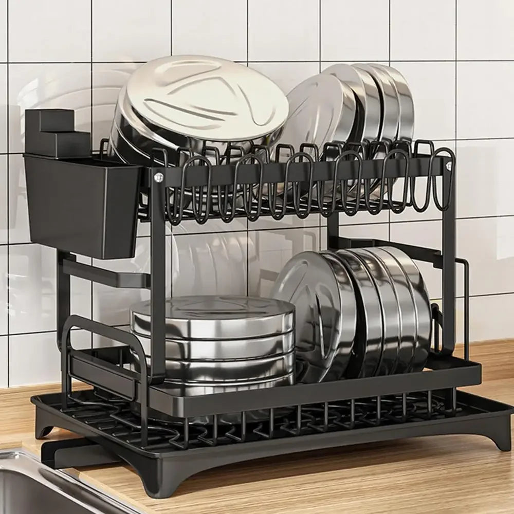 2 Tiers Household Tableware Drain Rack Rust-Proof Carbon Steel Dish Drainer Dish Organizer Rack Kitchen Organizer Tool Rack
