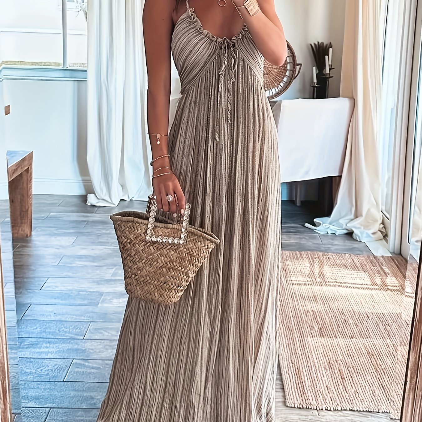 Tie Back Halter Neck Dress, Casual Vacation Style Backless Striped Tie Front Ruched Sleeveless Ruffle Hem Loose Maxi Dress For Spring & Summer, Women's Clothing
