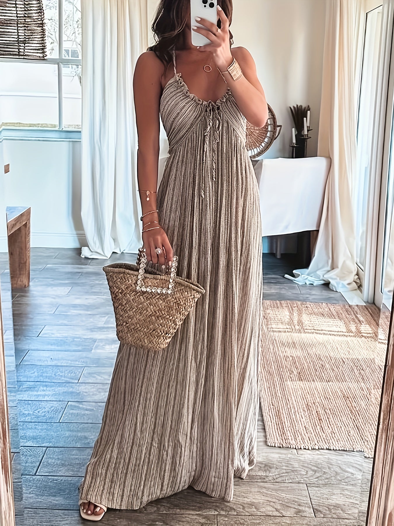 Tie Back Halter Neck Dress, Casual Vacation Style Backless Striped Tie Front Ruched Sleeveless Ruffle Hem Loose Maxi Dress For Spring & Summer, Women's Clothing