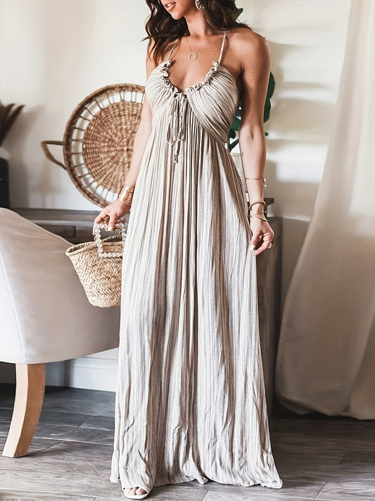 Tie Back Halter Neck Dress, Casual Vacation Style Backless Striped Tie Front Ruched Sleeveless Ruffle Hem Loose Maxi Dress For Spring & Summer, Women's Clothing