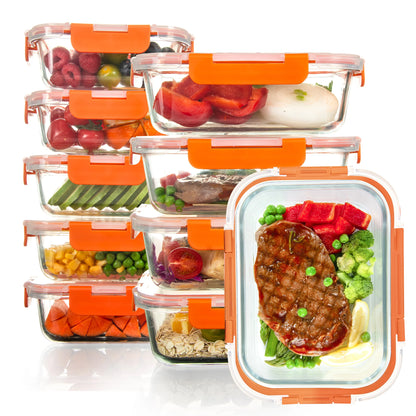 10 Pack Orange Food Storage Container Set, Glass Meal Prep Containers with Lids, Microwave, Freezer and Dishwasher