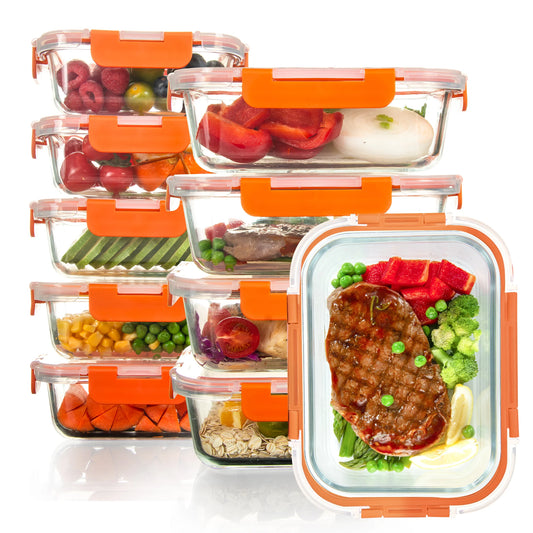 10 Pack Orange Food Storage Container Set, Glass Meal Prep Containers with Lids, Microwave, Freezer and Dishwasher