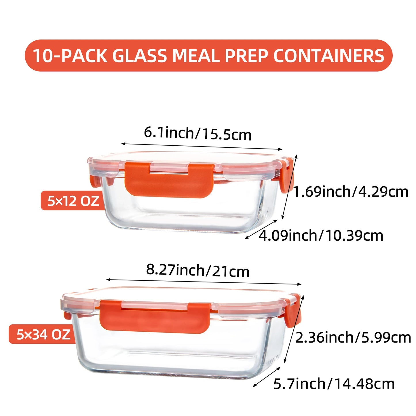 10 Pack Orange Food Storage Container Set, Glass Meal Prep Containers with Lids, Microwave, Freezer and Dishwasher