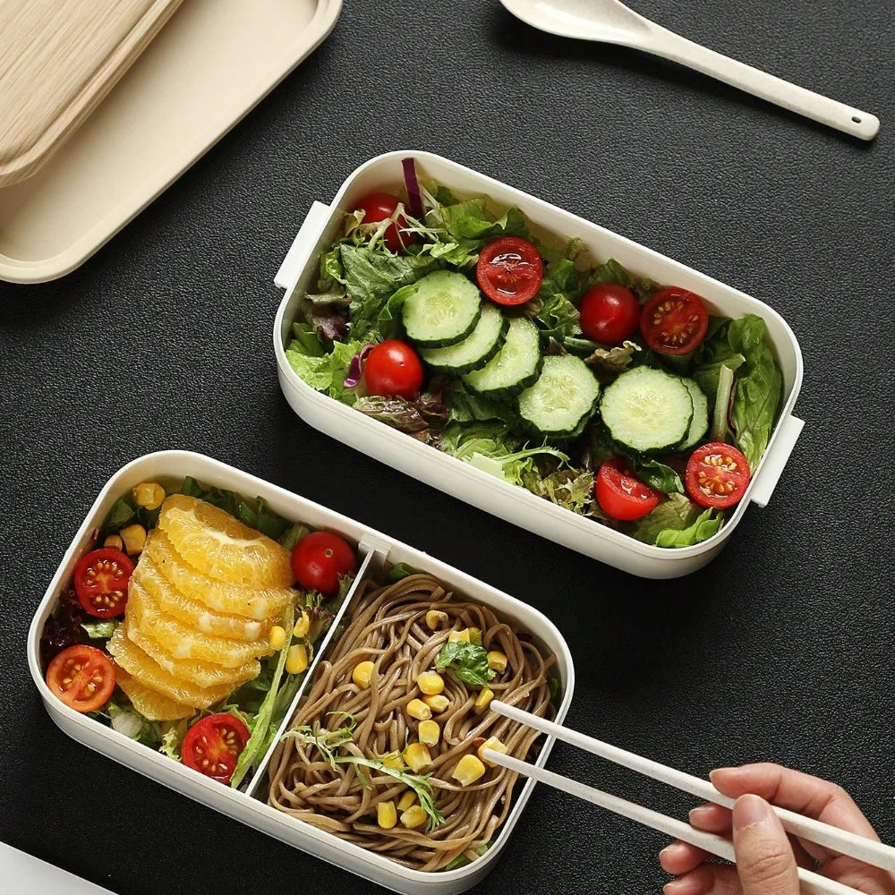"Portable Double-Layer Lunch Box - Wooden-Print, with Chopsticks & Spoon"