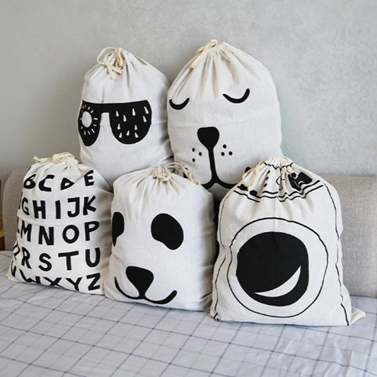 "Cute Animal Stripe Cotton Laundry Bag - Canvas Toy Storage & Dirty Clothes Organizer"