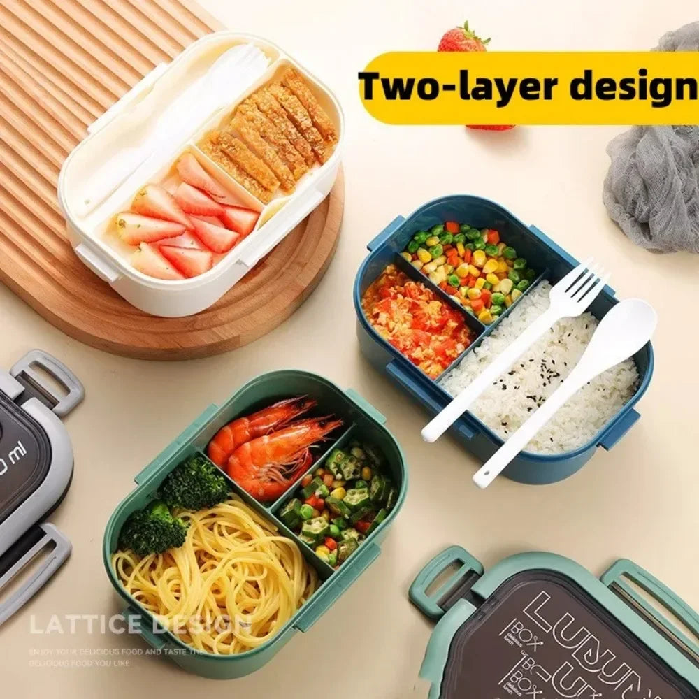 "Cute Double-Layered Lunch Box for Kids - Leakproof, Eco-Friendly, with Spoon & Fork"