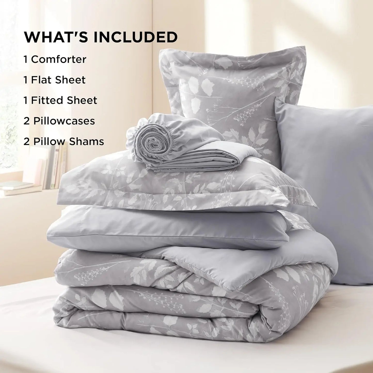 "Bedsure 7-Piece Floral Comforter Set with Reversible Botanical Design"