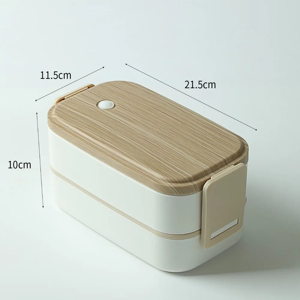 "Portable Double-Layer Lunch Box - Wooden-Print, with Chopsticks & Spoon"