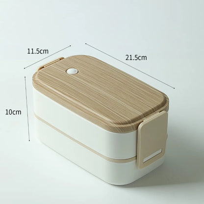 "Portable Double-Layer Lunch Box - Wooden-Print, with Chopsticks & Spoon"