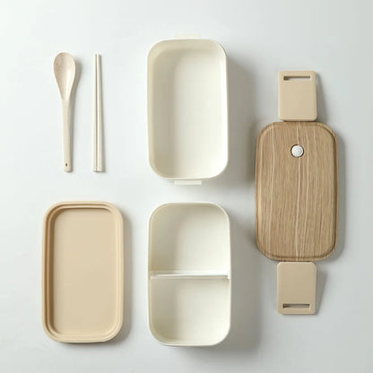 "Portable Double-Layer Lunch Box - Wooden-Print, with Chopsticks & Spoon"