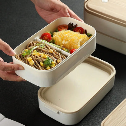 "Portable Double-Layer Lunch Box - Wooden-Print, with Chopsticks & Spoon"