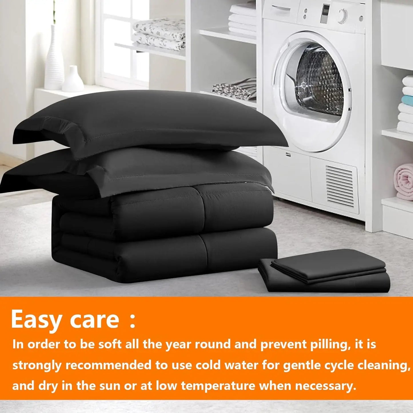 Black King Size Comforter Set 7 Pieces, Bed in a Bag Bedding Sets with All Season Soft Quilted Warm Fluffy Reversible Comforter