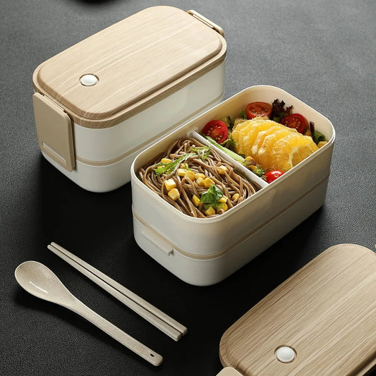 "Portable Double-Layer Lunch Box - Wooden-Print, with Chopsticks & Spoon"