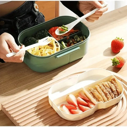 "Cute Double-Layered Lunch Box for Kids - Leakproof, Eco-Friendly, with Spoon & Fork"